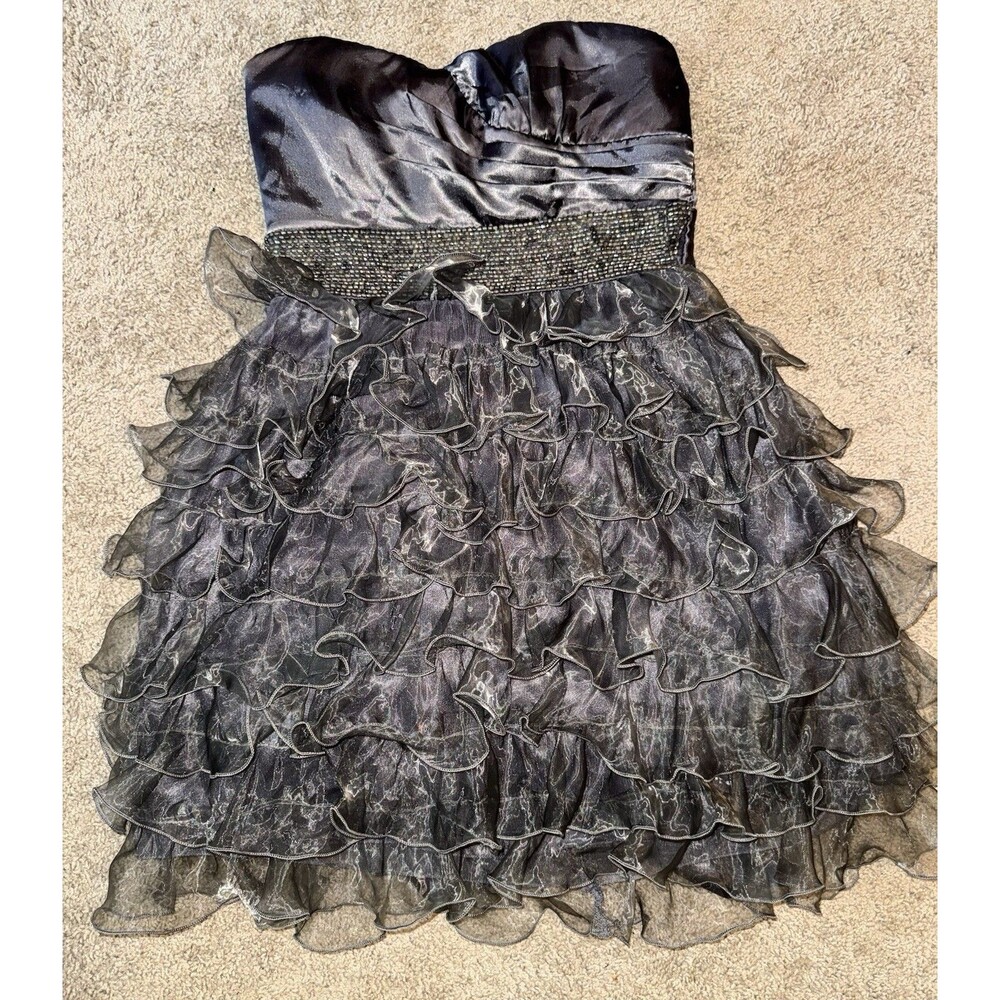 mymichelle Black Satin Strapless Ruffle Fit & Flare Sweetheart Dress L